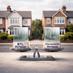 Scales balancing buy-to-let and homeowner mortgages in front of suburban houses