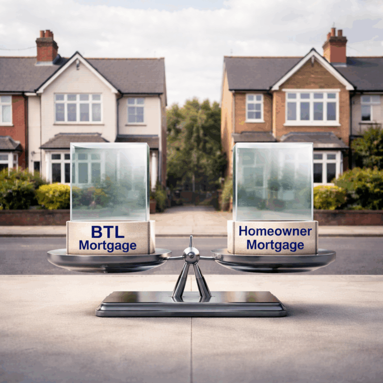 Scales balancing buy-to-let and homeowner mortgages in front of suburban houses