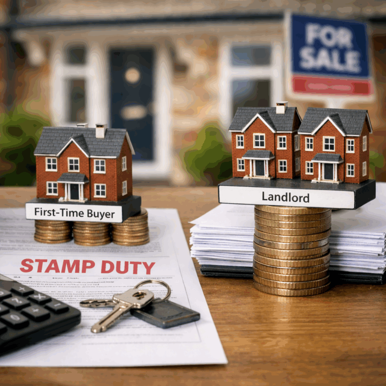 Model houses labelled first-time buyer and landlord beside stamp duty document and coins
