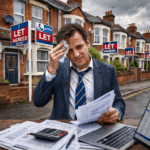 Stressed landlord reviewing rental finances outside terraced homes with let agreed signs