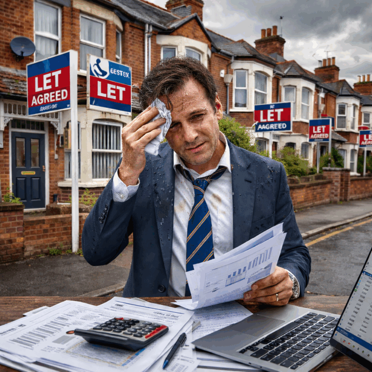 Stressed landlord reviewing rental finances outside terraced homes with let agreed signs