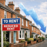 Reduced rent sign outside UK terraced houses with a downward arrow symbolising falling rental prices