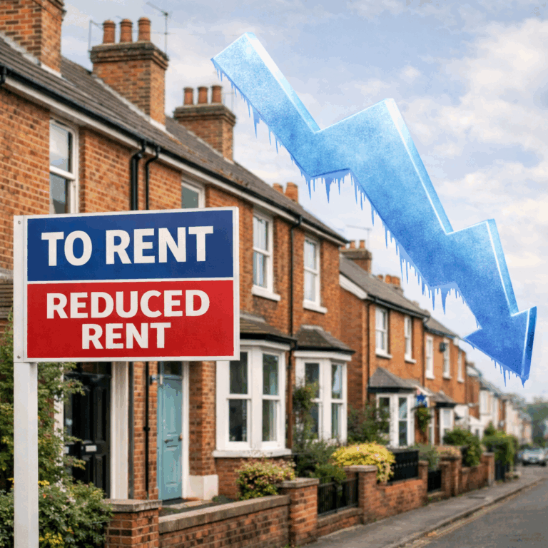 Reduced rent sign outside UK terraced houses with a downward arrow symbolising falling rental prices