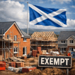 Scottish flag flying over new housing development under construction with exempt signage