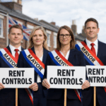 Campaign-style image of four suited figures wearing mayoral sashes holding “Rent Controls” signs