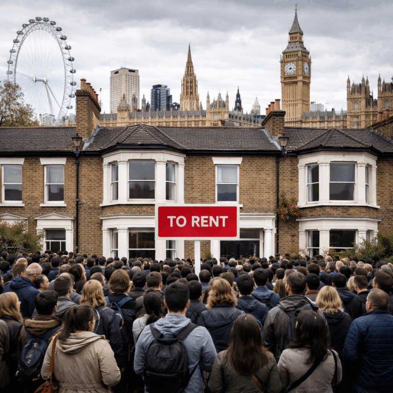 Crowds gather outside a London home with a To Rent sign amid rising tenant demand.