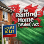 House to let sign in Wales with Renting Homes (Wales) Act title and Welsh flag