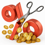Scissors cutting a percentage symbol with pound coins, illustrating buy to let rate reductions