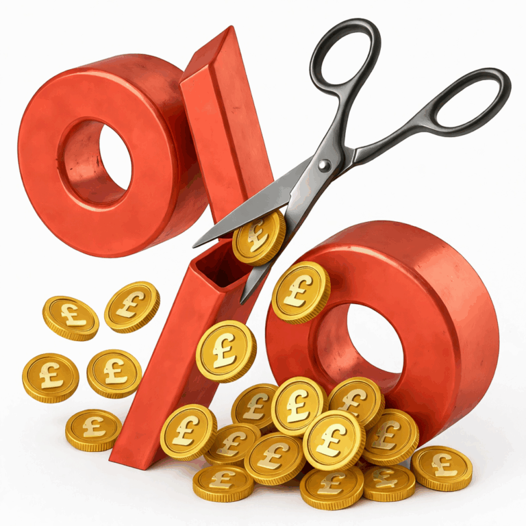 Scissors cutting a percentage symbol with pound coins, illustrating buy to let rate reductions