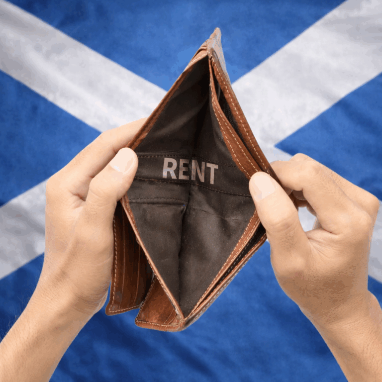 Empty wallet labelled “rent” against a Scottish flag, highlighting tenant affordability pressures