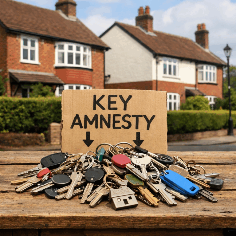 Key amnesty sign and pile of returned keys outside social housing, highlighting council crackdown on tenancy fraud