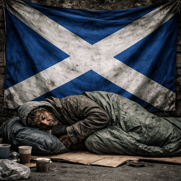 Rough sleeper wrapped in a sleeping bag beneath a worn Scottish flag, illustrating the scale of homelessness in Scotland
