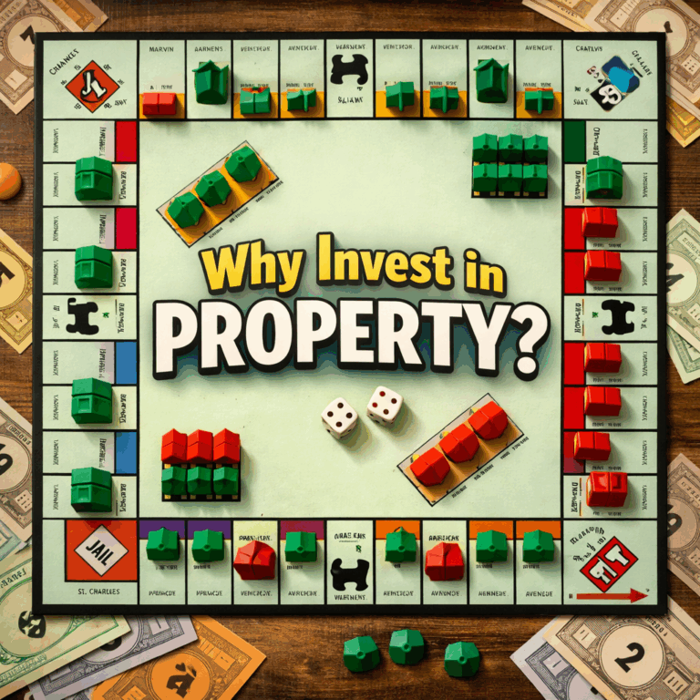 Monopoly-style board with houses and the headline “Why Invest in Property?” symbolising buy-to-let investment