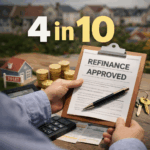 Refinance approved document with calculator, coins and rental property, illustrating buy-to-let mortgage refinancing