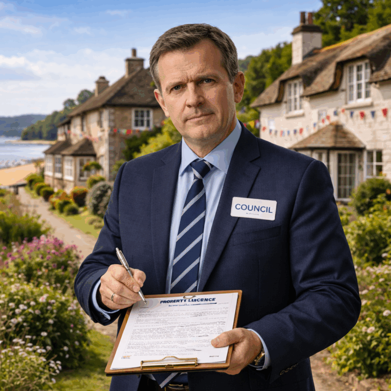 Council official holding a property licence form in a village affected by second homes and holiday lets
