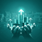 Stacked coins with upward arrows symbolising rising rental income and property investment returns