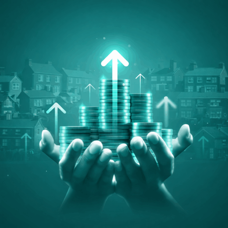 Stacked coins with upward arrows symbolising rising rental income and property investment returns