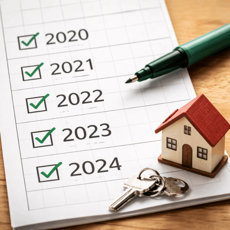 Checklist showing 2020–2024 milestones beside a model house and keys, symbolising longer rental tenancies over recent years