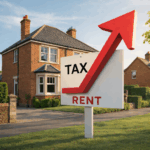 House with sign showing rent and tax rising, illustrating landlords increasing rents due to upcoming tax changes