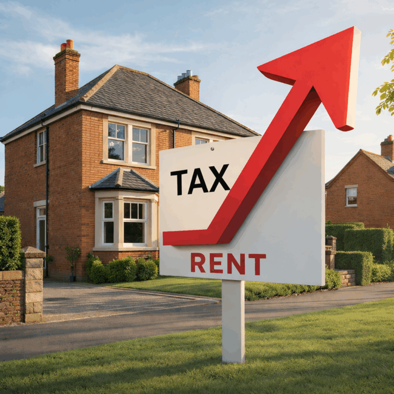 House with sign showing rent and tax rising, illustrating landlords increasing rents due to upcoming tax changes