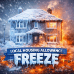 Illustration of a home split between ice and fire symbolising the impact of freezing Local Housing Allowance on renters
