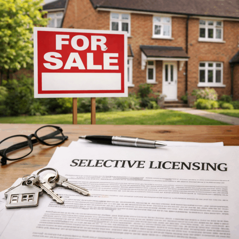 Selective licensing document with house keys and a for sale sign outside a UK home, illustrating landlord costs