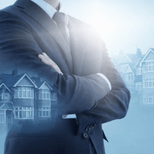 Professional landlord figure overlaid with residential housing, representing renewed confidence in the private rented sector