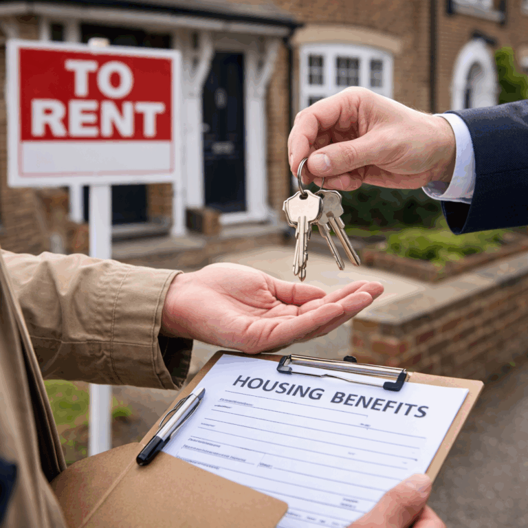 Landlord handing over keys to a tenant beside a To Rent sign and housing benefits form