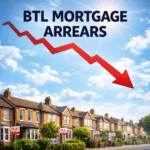 Falling buy-to-let mortgage arrears shown by downward red arrow over UK rental homes