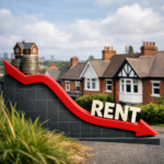 Downward rent trend graph with houses in background illustrating UK rental market slowdown