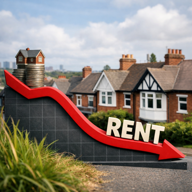 Downward rent trend graph with houses in background illustrating UK rental market slowdown