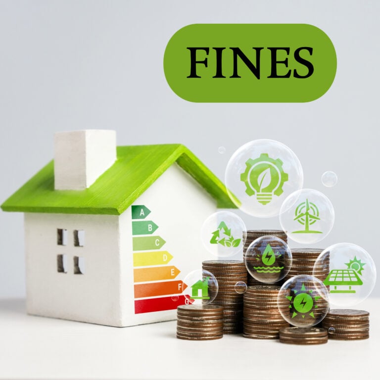 Model house with EPC rating scale and coins illustrating £5,000 fines for energy-inefficient rentals