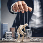 Hand controlling a wooden puppet over model buildings labelled PropCo and OpCo, symbolising risk separation