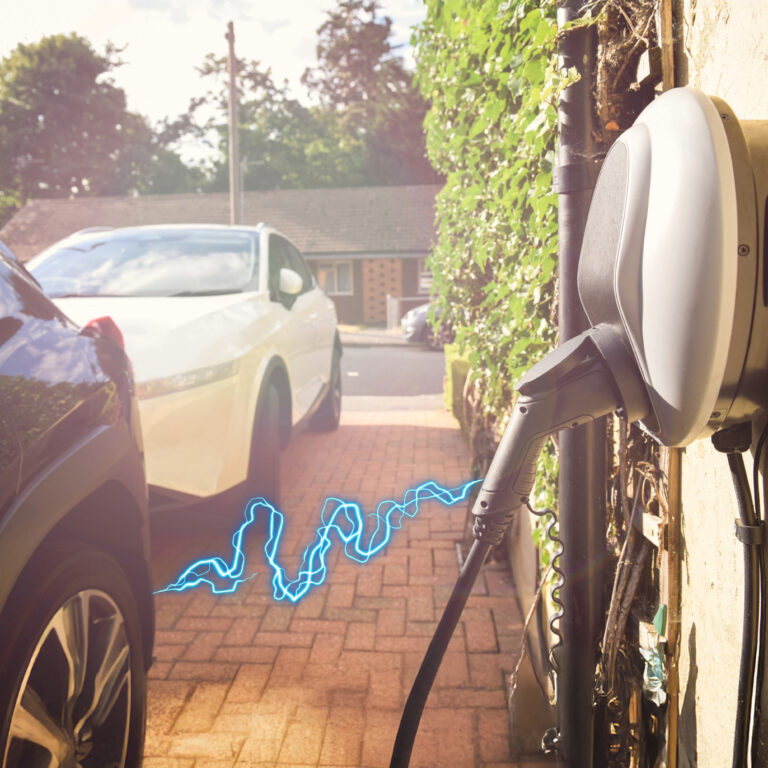 Home EV charger installed on exterior wall with electric car parked on driveway