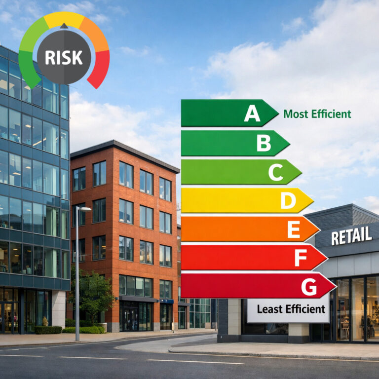 EPC energy efficiency scale beside modern commercial buildings highlighting risk of properties becoming unlettable