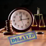 Gavel and scales of justice before a clock, illustrating court delays in landlord possession cases.