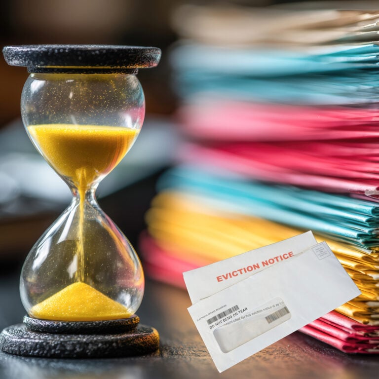 Hourglass beside eviction notice illustrating court delays in landlord possession cases