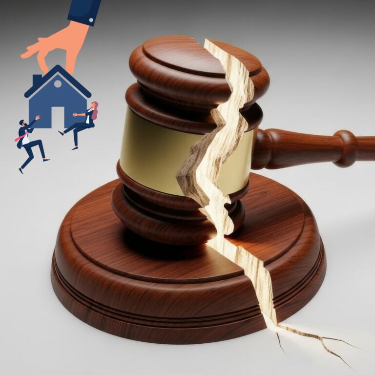 Cracked judge’s gavel symbolising a broken housing court system affecting landlords and evictions