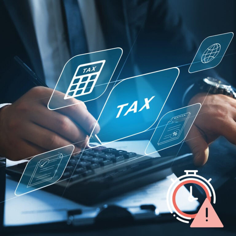 Landlord calculating tax with digital icons highlighting Making Tax Digital reporting and HMRC deadlines