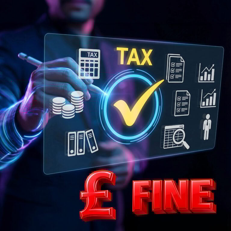 Digital tax compliance interface highlighting a £1,000 fine risk for landlords under Making Tax Digital