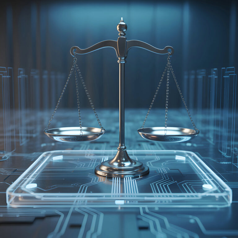 Scales of justice on a digital circuit board symbolising court system digitisation