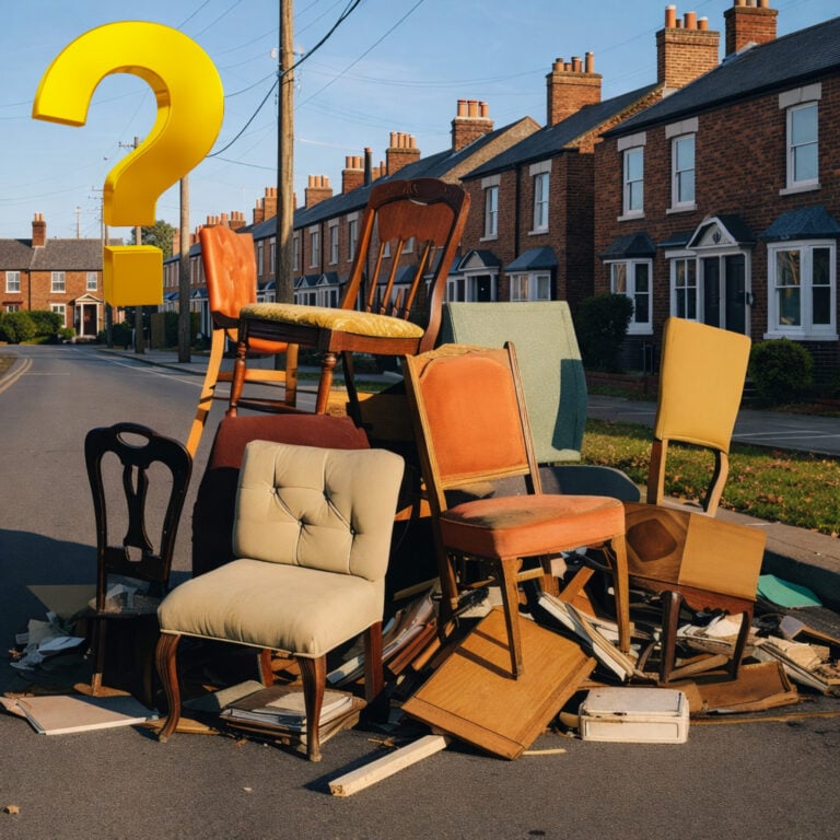 Dumped furniture piled on a neighbour’s driveway outside a UK terraced house