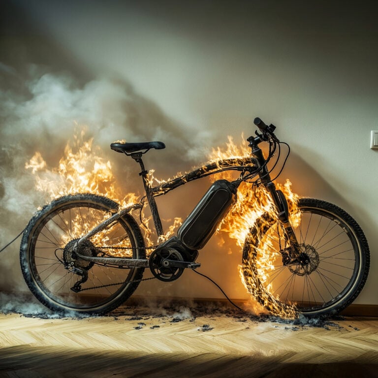 E-bike engulfed in flames indoors, highlighting lithium-ion battery fire risk in rental properties.