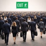 Business professionals walking toward an exit sign, symbolising landlords leaving the rental market