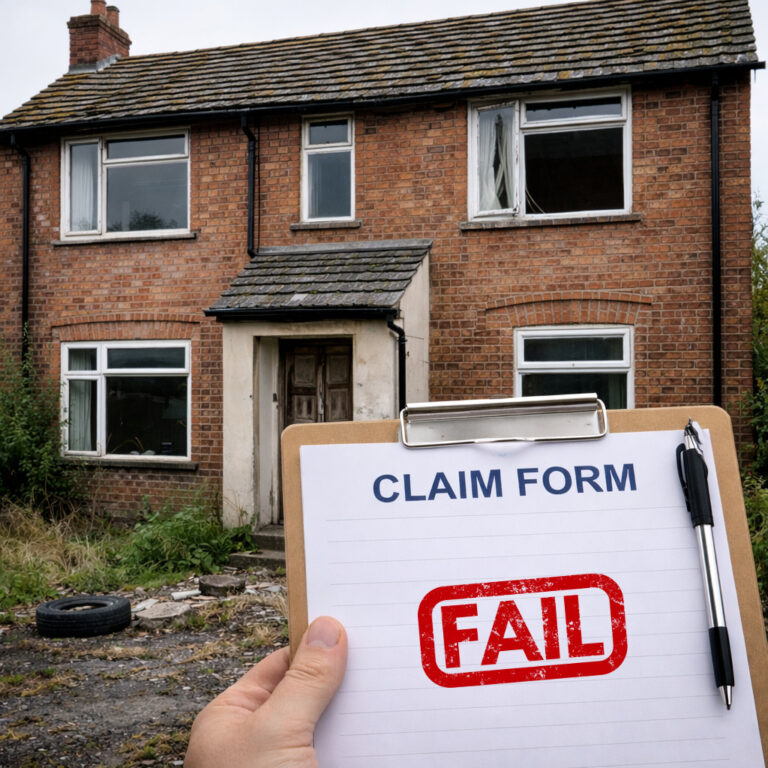 Clipboard showing a failed housing disrepair claim in front of a neglected rental property