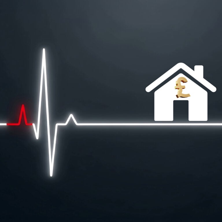 House with pound symbol linked to flatlining heartbeat line, representing stalled UK property prices