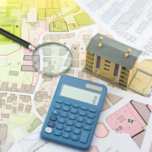 Model house, calculator and magnifying glass on planning maps illustrating UK housing development and costs