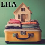 Model house sitting on a suitcase filled with folded clothes, representing temporary accommodation and housing insecurity