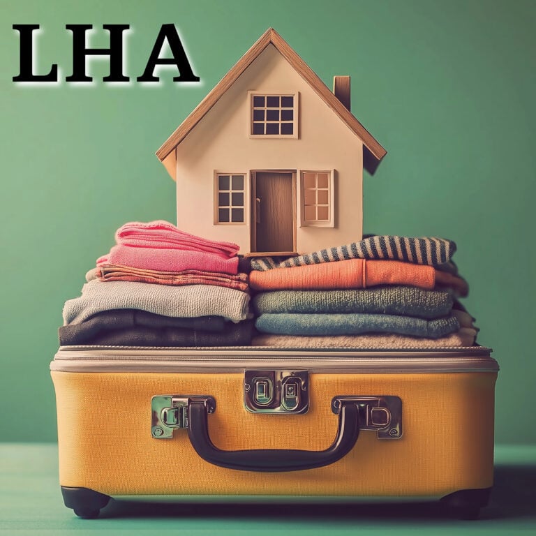 Model house sitting on a suitcase filled with folded clothes, representing temporary accommodation and housing insecurity