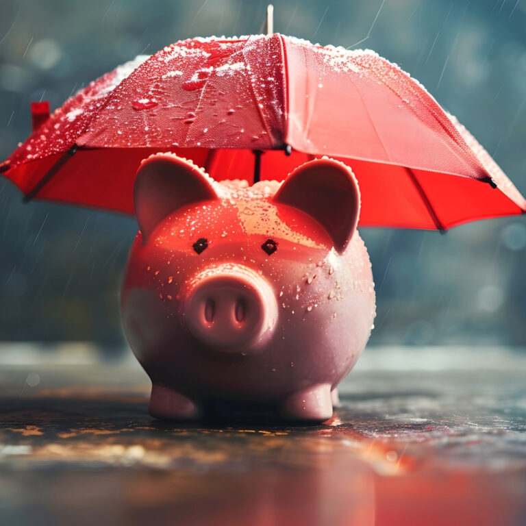 Piggy bank under a red umbrella in the rain, symbolising tenancy deposit protection